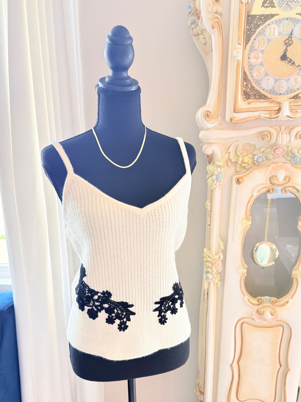 Express White Knit Cami with Black Floral Appliqué